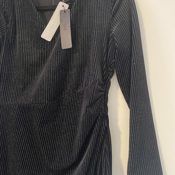 Black Halo Miramar Sheath Dress in Black w/ Silver Pinstripe - Picture 7 of 11